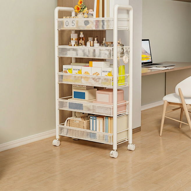 Dune 메쉬 철제 이동식 트롤리 만향바퀴 주방 정리함 수납 카트 핸들 후크 다용도, 흰색, 5단