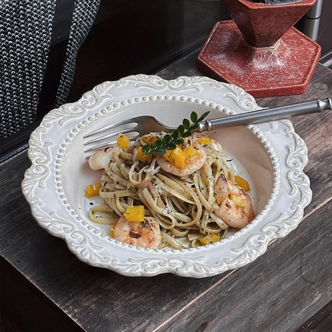 왕실 궁정 스타일 북유럽접시 예쁜접시 복고풍 부조 바로크 접시 예쁜 홈카페 파스타 브런치 빈티지 접시 스테이크 플레이트, 하얀색, 1개