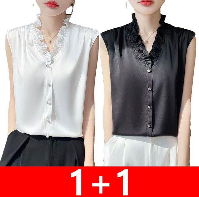 IWMAFT 2종 세트 여성 여름 민소매 블라우스 프릴넥 단추디자인 루즈핏 실키소재 데일리 오피스룩 FC94