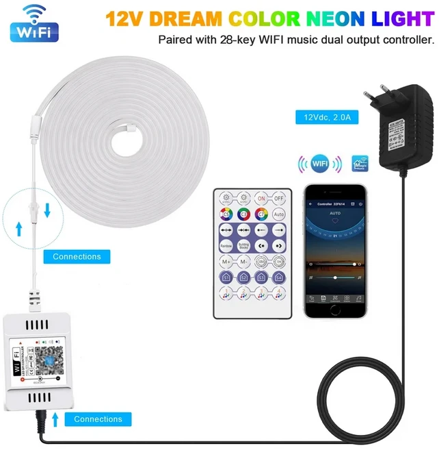 12V RGB 네온 LED 스트립 음악 동기화 DIY APP 주소 지정 가능 픽셀 튜브 테이프 로프 블루투스 WIFI 매직, 04 발광 Color8, 02 EU Plug, 04 DC12V 4m