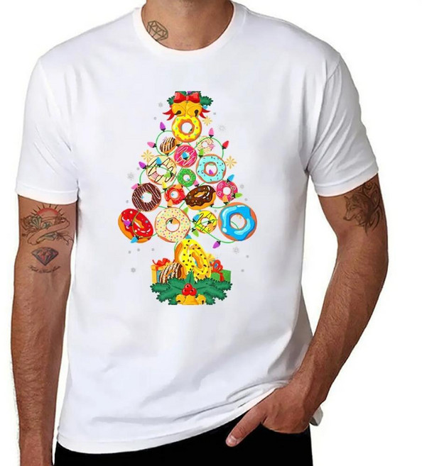 도넛 크리스마스 트리 연인 티셔츠 코튼, 1개, 색상: 1. White / 크기: H. 4XL 사이즈