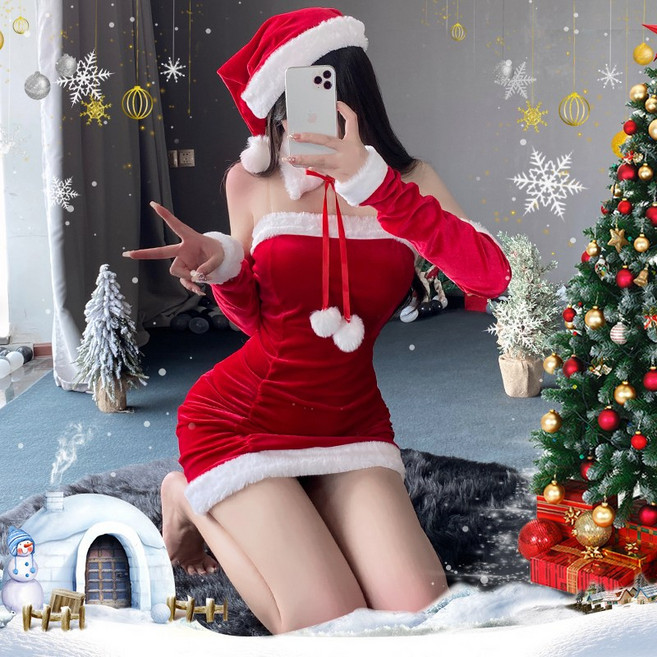 溫暖雪球 聖誕套裝含聖誕帽 聖誕裝 聖誕衣服 聖誕節 聖誕帽 聖誕服裝 cosplay 角色扮演 紅色洋裝 毛毛