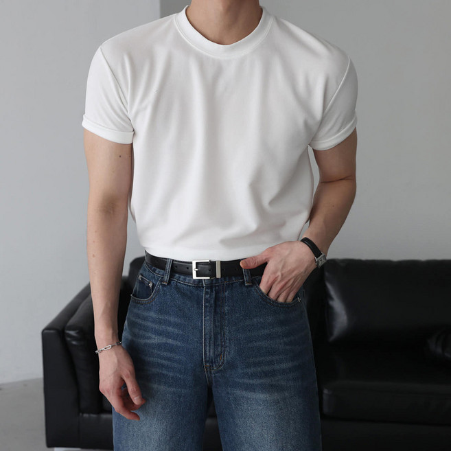 베이직바이블 남자 머슬핏 헬스 운동 반팔티 부드러운 무지 라운드 기능성 짐웨어 슬림 남성