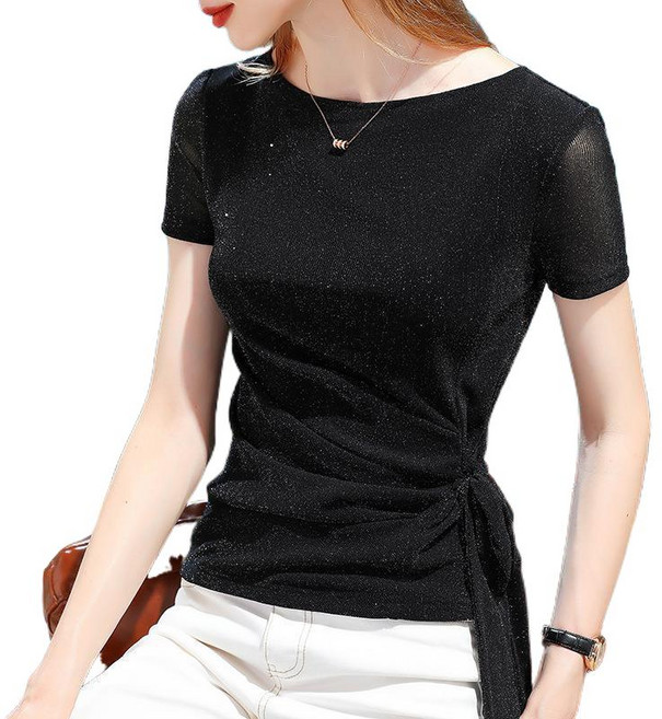 티류으스 봄여름 펄 망사 레깅스 샤이닝 펄 댄스복 반팔 상의 댄스 티셔츠 보트넥 스트링 반팔 톱 S318519