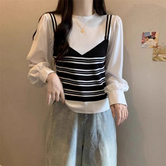 Makone 여성 레이어드 라운드넥 티셔츠 스트라이프 퍼프소매 니트티 캐주얼 데일리 모던 긴팔티