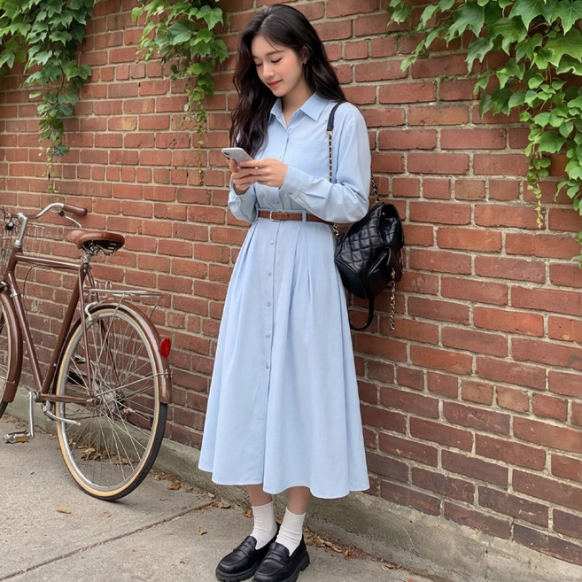 모벤브 D121-6 빅사이즈 여성 벨트 셔츠 롱 원피스 봄가을용 단색 긴소매 기본핏