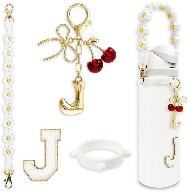 BydGxy Owala FreeSip & Tumbler용 체리 리본 나비매듭 레터 참 맞춤형 이니셜 물병 손잡이 액세서리 프레피 스타일 선물 화이트 - H 166482, 글자 N