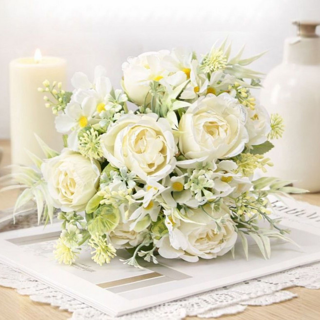 베니지 성묘 조화 꽃다발, 2개, 화이트