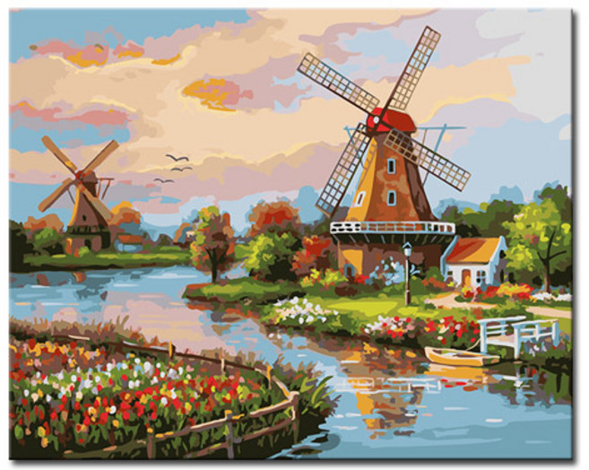 DIY캔버스페인팅 명화그리기 액자 그림 세트 유화 - 풍경 40x50, L100_호수위 풍차마을, 1개