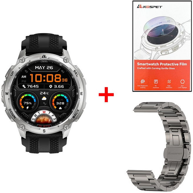 KOSPET 10ATM IP69K 방수 잠수형 군사 인증 이중 주파수 GPS 오프라인 지도 500mAh 160 가지 자유형 훈련 모드 스테인리스 스틸 탱크 T4 스마트워치, GPS + 블루투스, 3.63cm, silver n strap film