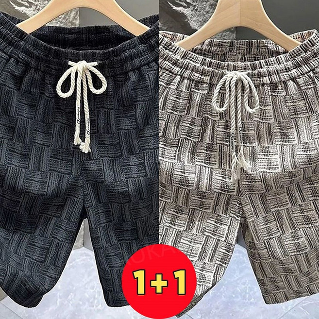 AOKADA 1+1 남성 여름 와이드 짜임패턴 린넨 반바지 밴딩 웨스트 캐주얼 면 마 쇼츠