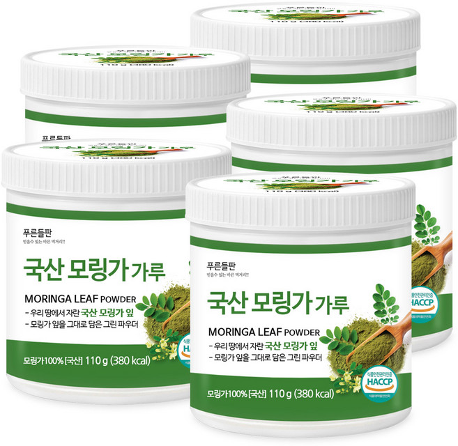 푸른들판 국산 순수 모링가 잎 분말 가루 100% 국내산 건잎 차 파우더 HACCP 인증, 110g, 5개