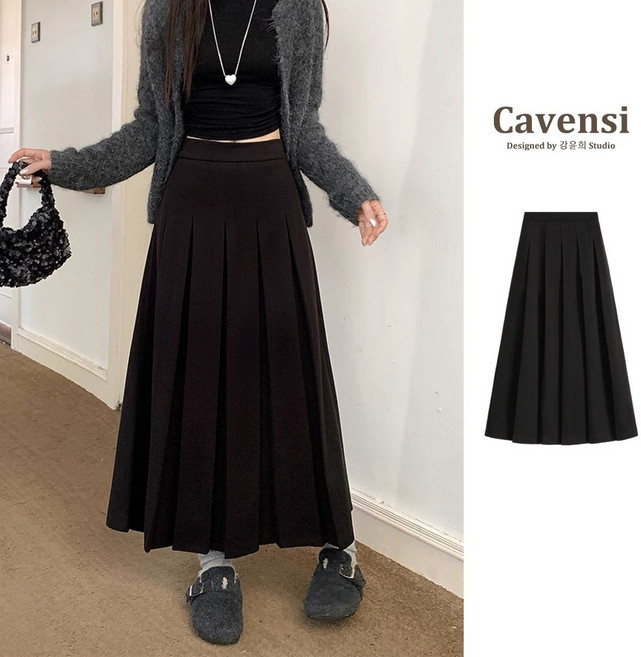 Cavensi 加厚毛呢A字長裙 顯瘦黑色
