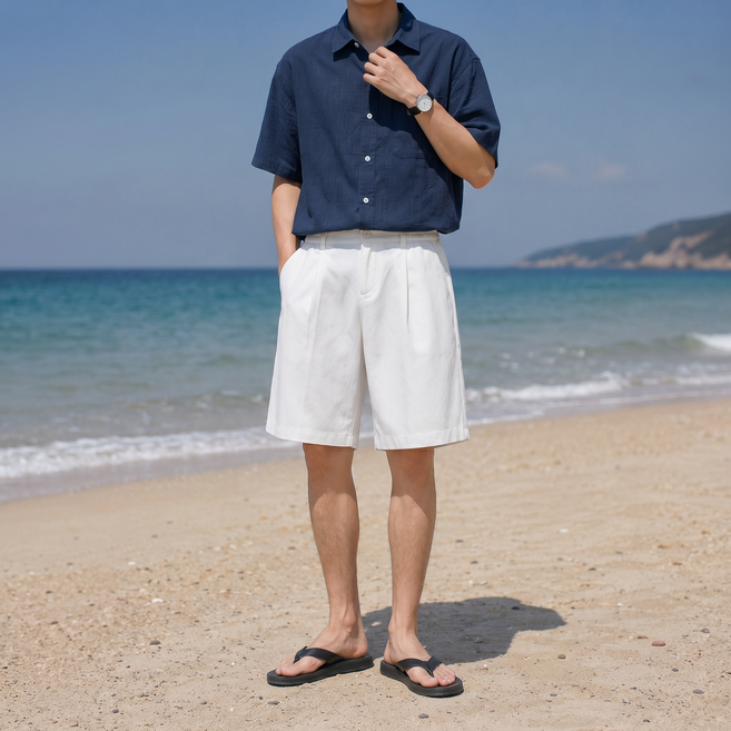 시연 남자 여름 뒷밴딩 윈턱 버뮤다 면 반바지 팬츠