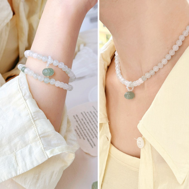 BULING 천연 원석 옥 2 in 1 목걸이 팔찌 비취옥 호박 비취 펜던트 재물운 소원성취 주얼리