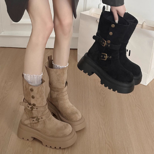 여성 미들부츠 빈티지 라이더부츠 패션 통굽 미끄럼 방지 주름부츠 스웨이드 웨스턴 하프 미들 슈즈 워커부츠 봄가을 캐주얼 소프트 캔버스 앵클 접이식 디자인