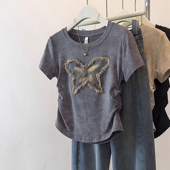 FANSYLI 반팔 티셔츠 여성 여름 라운드 티 숏 슬림 셔링 상의 빅사이즈 나비 프린트 티셔츠 데일리룩 X2505M21