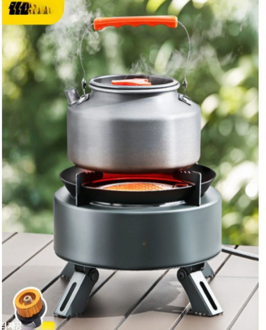 휴대용 캠핑 가스레인지 고화력 휴대용가스버너 분리형 쿡탑 캠핑용 버너 세트 야외용 미니버너 접이식 휴대용버너, 2개, 베이지 집열로+고산가스통2개+휴대주전자