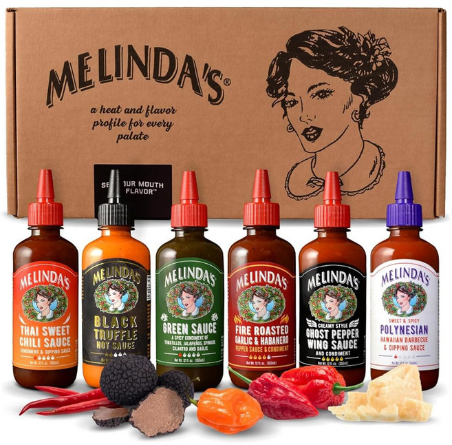 Melinda's 디핑 소스 멜린다의 멜린다 컬렉션의 맛 수제 페퍼 및 조미료 선물 세트 블랙 트러플 태국 달콤 칠리 구운 마늘 하바네로 고스트 매운 폴리네시안 포함 12온스, Taste of Melinda's Collection