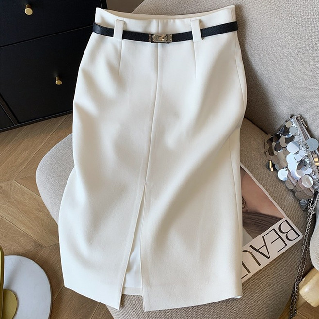 ORZQU 여성 정장 스커트 슬림핏 밑단 트임 H라인 미디 스커트+벨트 세트
