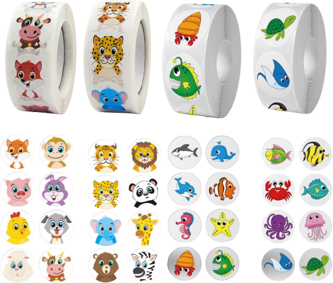 2000매 4롤세트 동물 바다 생물 원형 스티커, 1세트, 혼합(S6103) 2000매