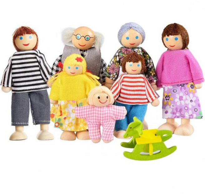 하페 유아용 아동용 사랑스러운 행복 가족 인형 놀이 세트 원목 피규어 7인 어린이 유아 집 사칭 선물, Dolls Family with DIY Horse