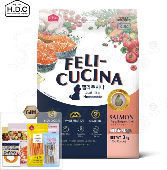 펠리쿠치나 연어 3kg 반습식사료+ 말랑 소프트 덴탈츄외, 1개 - 쿠팡