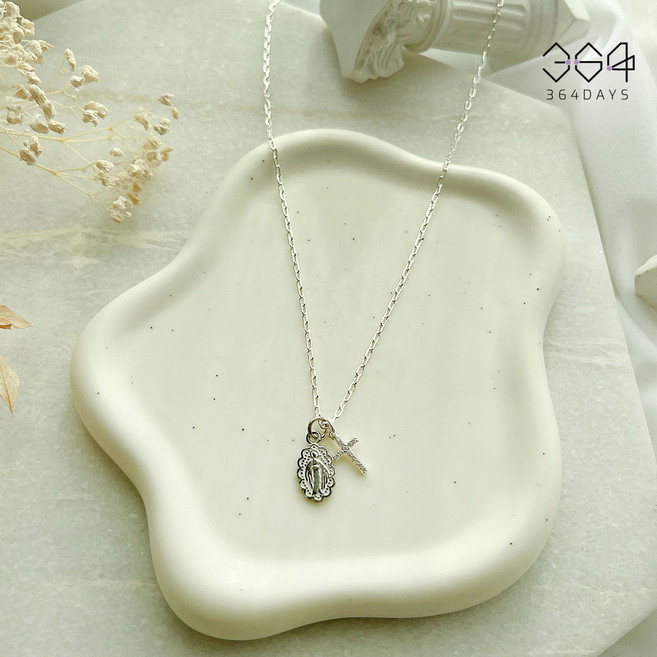 364days 925실버 성모마리아 기적의패 큐빅십자가 목걸이 천주교 은목걸이 전체순은 체인길이선택