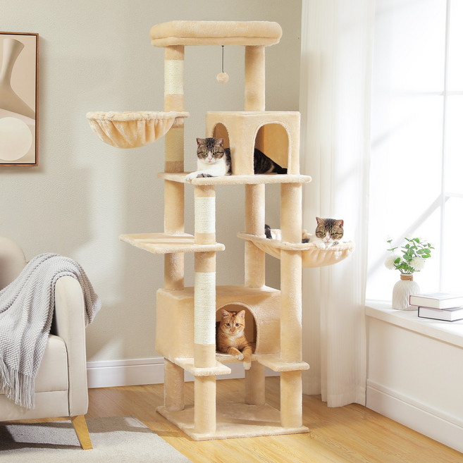 PAWZ Road 7단 대형 다색 패브릭 캣타워170cm 선인장 조형 숨숨집 2개+해먹+답 라운지, 1개, 베이지