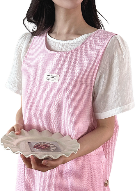 지지미 체크 여름 리플 앞치마 통기성좋은 시원한 예쁜 유치원 어린이집 원피스 단추형 선생님 보육교사 단체 앞치마 린다스 에이프런샵, 1개, 일반프리_핑크