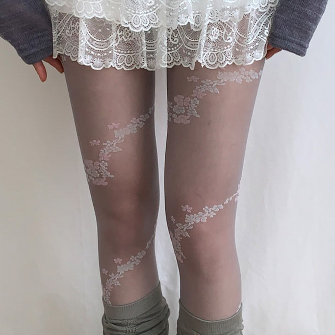 블루씨티 사쿠라 블룸 플라워 패턴 시스루 스타킹