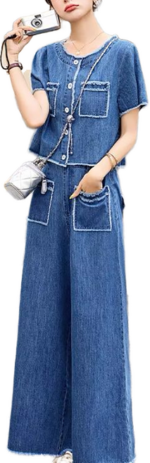 셀럽당 데님 세트 여름 스타일리시 반팔 와이드 팬츠 캐주얼 투피스M3172