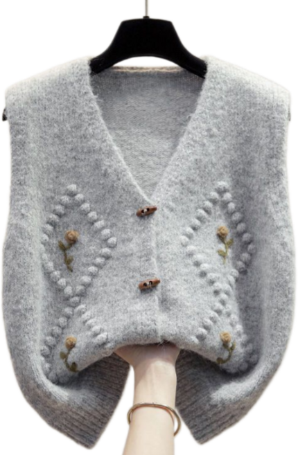 Makone 여성 봄 가을 브이넥 자카르 플라워 쇠뿔버클 니트 가디건 조끼