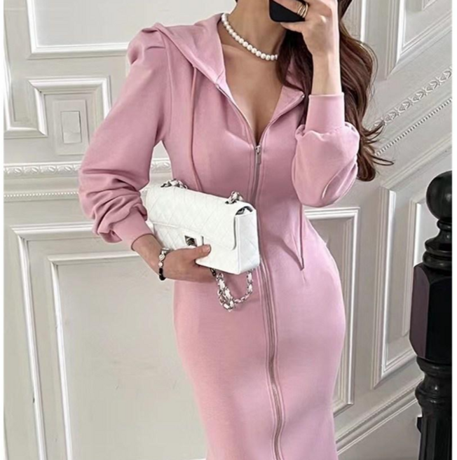 어깨퍼프 머메이드 롱원피스 지퍼 원피스 후드 집업원피스