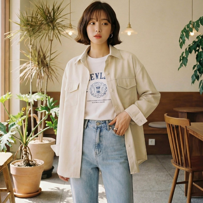 B178-4 쿠모란 빅사이즈 여성 오버핏 투포켓 카라 셔츠 봄가을용