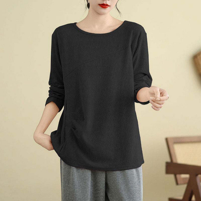 AOKADA 여성 라운드 오버핏 긴팔 티셔츠 플리츠 가을 이너티 엄마 상의