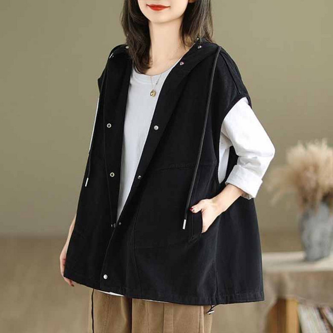 빅사이즈 150kg까지 캐주얼 카고 조끼 베스트 후드 아우터 바람막이 점퍼 상의 카디건 쇼트 와이드 민소매 자켓 WAWAMIYA