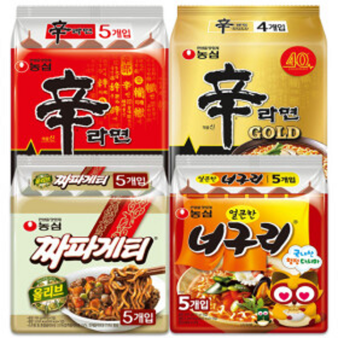 농심 봉지라면 4종 신라면+신라면골드+짜파게티+너구리 (총19봉), 19개