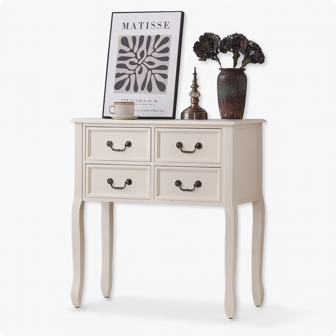 루앤홈 원목 콘솔 엔틱 현관 서랍장 거실 수납장 빈티지 장식장 화장대, 아이보리크림
