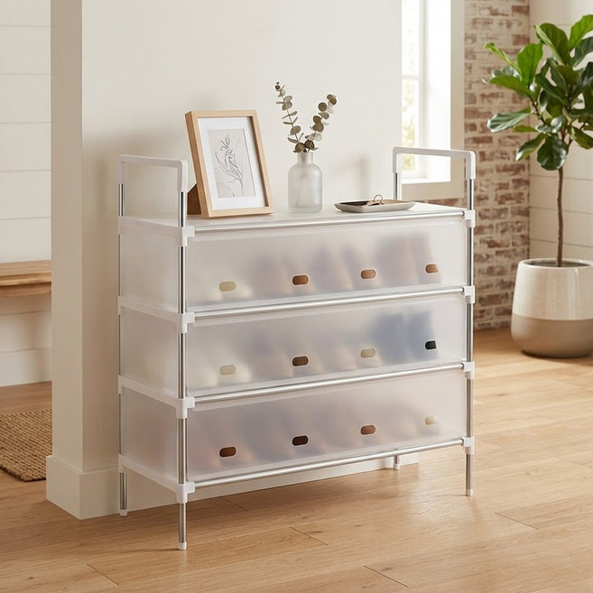 반투명 화이트 철제신발장 현관 신발정리대, 4단, 반투명 소형