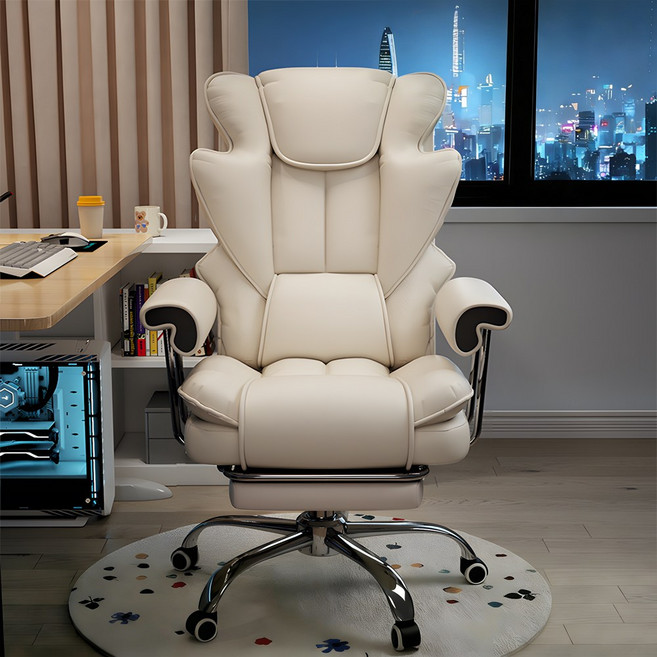 Aram 고급형 침대형 리클라이너 게이밍 컴퓨터 가죽 사무용 의자, 화이트