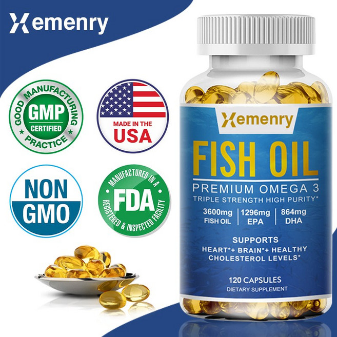 생선기름 - 오메가-3 3600mg + EPA 1296mg + DHA 864mg 고순도 건강한 심장/뇌 건강을 위한 천연 보충제, 1개, 60정