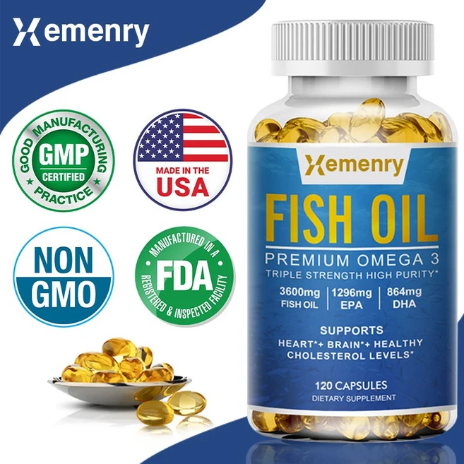 생선기름 - 오메가-3 3600mg + EPA 1296mg + DHA 864mg 고순도 건강한 심장/뇌 건강을 위한 천연 보충제, 1개, 60정 - 쿠팡