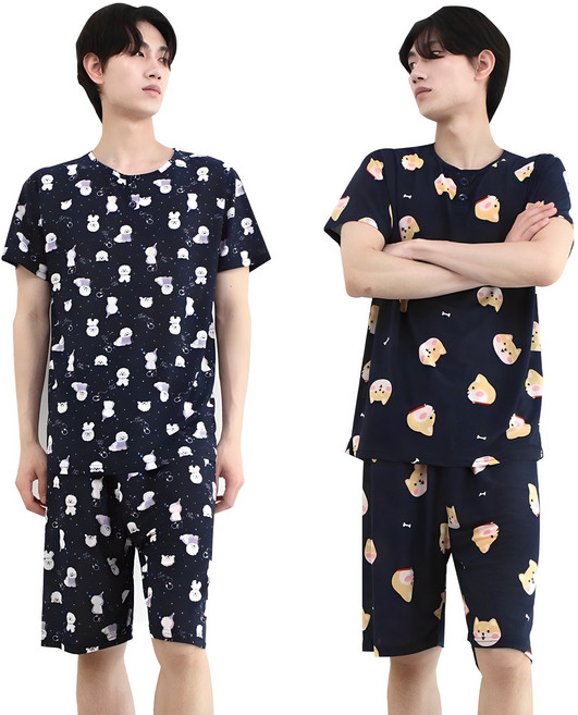 (2세트) 남성 쿨 까실이 반팔 잠옷세트 남자 여름 잠옷 파자마 홈웨어 상하세트 1+1