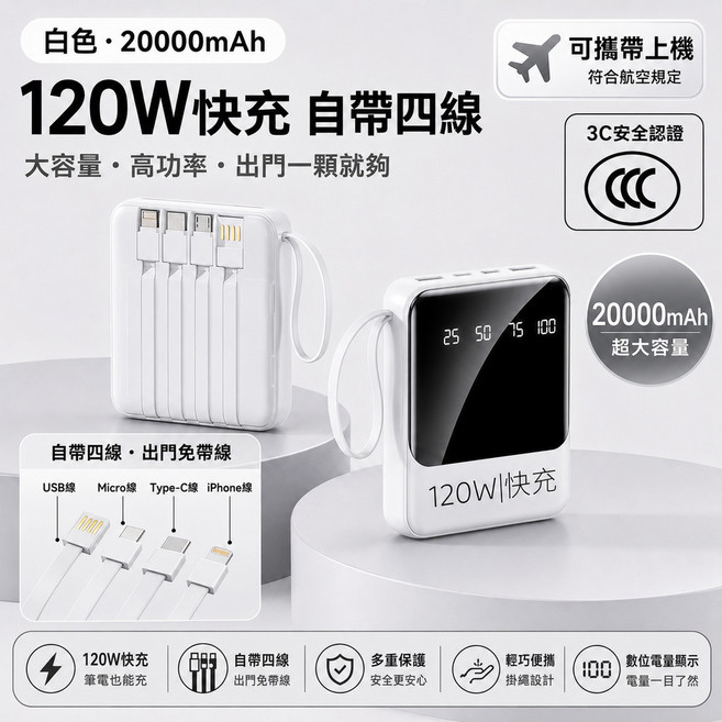 3C標示WH 大容量行動電源 20000mAh行動電源 自帶可拆四線 隨身充 移動充行動電源 移動電源, 3C標示2萬毫安-自帶四線+數顯, 白色, 20000mAh