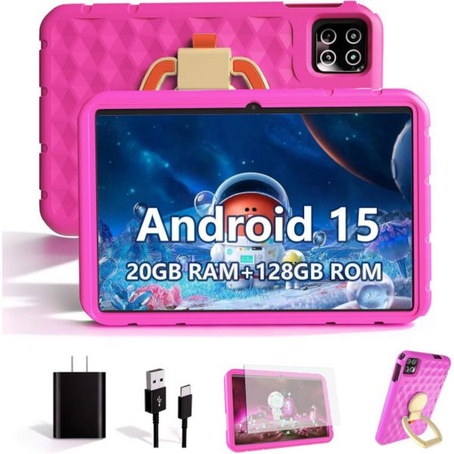 2025 최신 10.1인치 어린이용 태블릿 Android 15 태블릿 EVA 보호 케이스 20GB RAM 128GB 저장 유아용 자녀 보호 12시간 배터리 WiFi GP, Pink