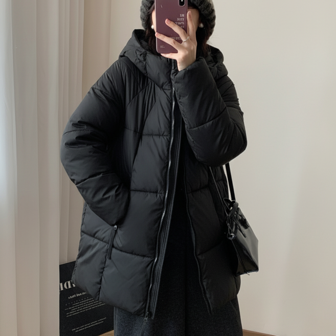 미시맵시 여성 미들 패딩 겨울 경량 잠바 후드 블랙 점퍼