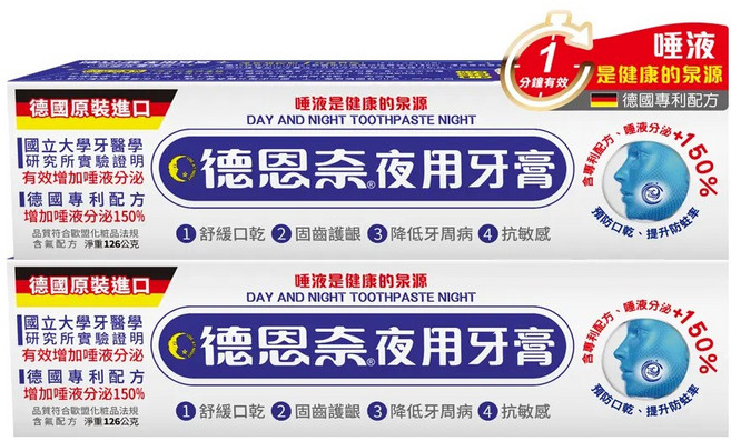 德恩奈夜用牙膏 德國原裝進口 增加唾液分泌150% 舒緩口乾 固齒護齦 126g, 1個