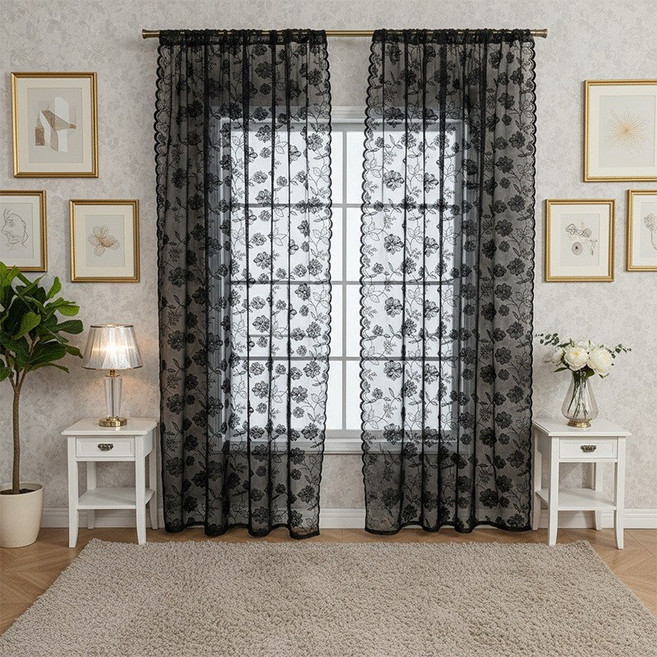 蕾絲窗紗 臥室窗簾 法式飄窗紗簾 滌綸透光紗簾, 月光紗黑（穿杆）,寬140*高100