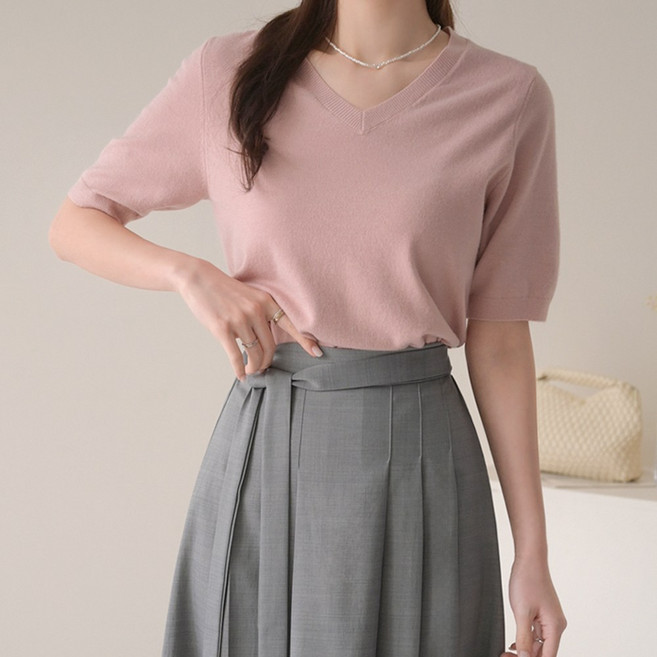 데일리앤 비토 14컬러 부드러운 여성 브이넥 기본 무지 5부 반팔 니트 티셔츠